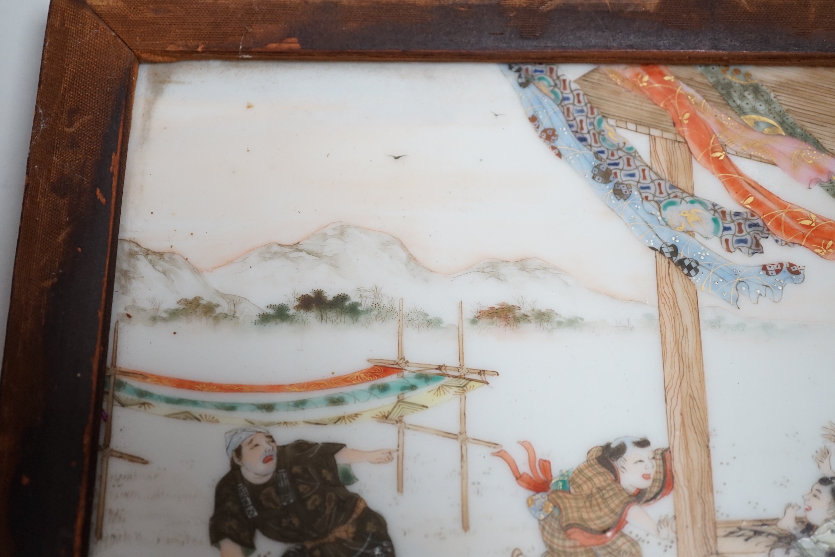 A Japanese enamelled square tile, 20cm, framed